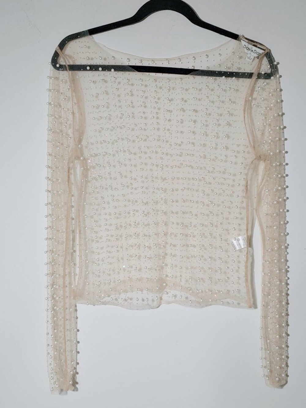 Davi & Dani Embellished Faux Pearls & Rhinestones Long Sleeve Mesh Top L Cream